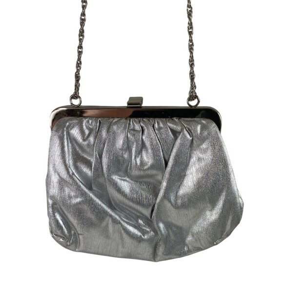 Vintage Lewisette Silver Metallic Evening Clutch Purse With Chain Strap - Picture 6 of 14